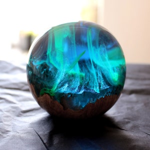 Aurora Borealis Paperweight, Wood & Resin Sphere, Northern Lights Paperweight, Resin Wood Globe, Handcrafted Wood and Resin Desk Ornament