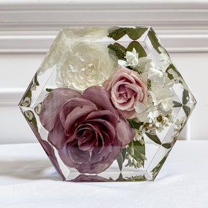 Wedding Floral Preservation 6” Hexagon | Resin Floral Preservation | Bridal Wedding Bouquet Flower Preservation | Resin Floral Block