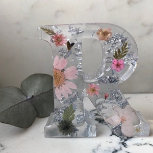 Small 6.5cm - Handmade Real Pressed Flower Resin Letter Sign Ornament (silver foil, individual, any letter)