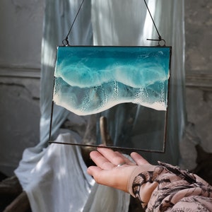 Ocean resin art, waves Sea resin art wall hanging, Rectangular window suncatcher, Coastal beach wall art