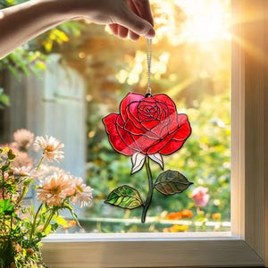 Red Rose Acrylic Suncatcher, Flower Window Hanging Ornament, Decorative Acrylic Rose for Home Decor