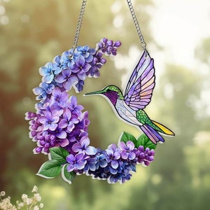 Hummingbird and Purple Lilac Branch Acrylic Window Hanging, Lilac Lovers, Hummingbird Decoration, Bird Nerd Gift, Bird Lovers Gift for Mom